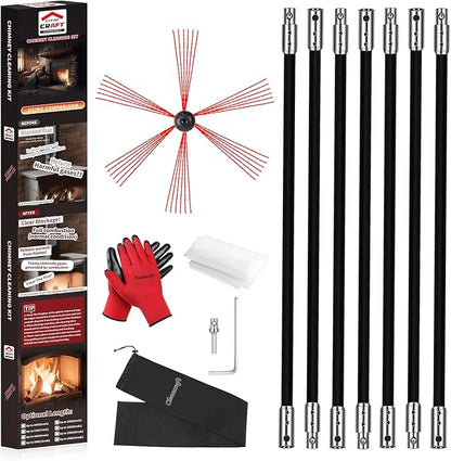 Cleancraft 23 Feet Chimney Sweep Kit, Chimney Cleaning Kit with 7 Flexible Black Chimney Rods, Rotary Chimney Cleaning System Driven by Drill for Sweeping Fireplace, Chimney Cleaners with Strong Brush