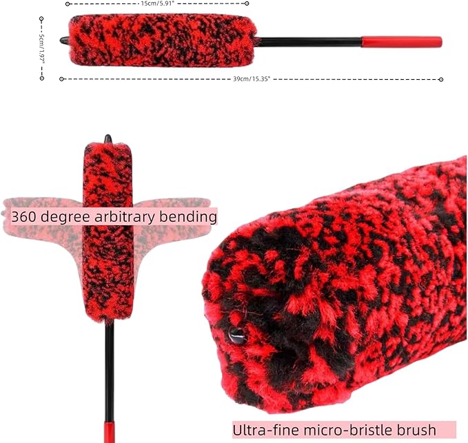 DEKADONS 4PCS Wheel Brush Kit for Cleaning Wheel and Tire, Wheel and Rim Brush, Car Detailing Brushes, 360 Degree Bendable & Durable Car Wheel Rim Cleaner Brush Set (Red&Grey)