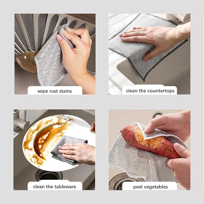 10 Counts Non Scratch Wire Dishcloth Multipurpose Wire Dishwashing Rag for Wet and Dry Use, Metal Scrubbers for Cleaning Dishes, Dual-Sided 2-Layer Kitchen Cleaning Cloth with Mesh, Mesh Dish Cloth