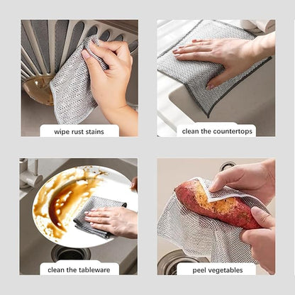 10 Counts Non Scratch Wire Dishcloth Multipurpose Wire Dishwashing Rag for Wet and Dry Use, Metal Scrubbers for Cleaning Dishes, Dual-Sided 2-Layer Kitchen Cleaning Cloth with Mesh, Mesh Dish Cloth