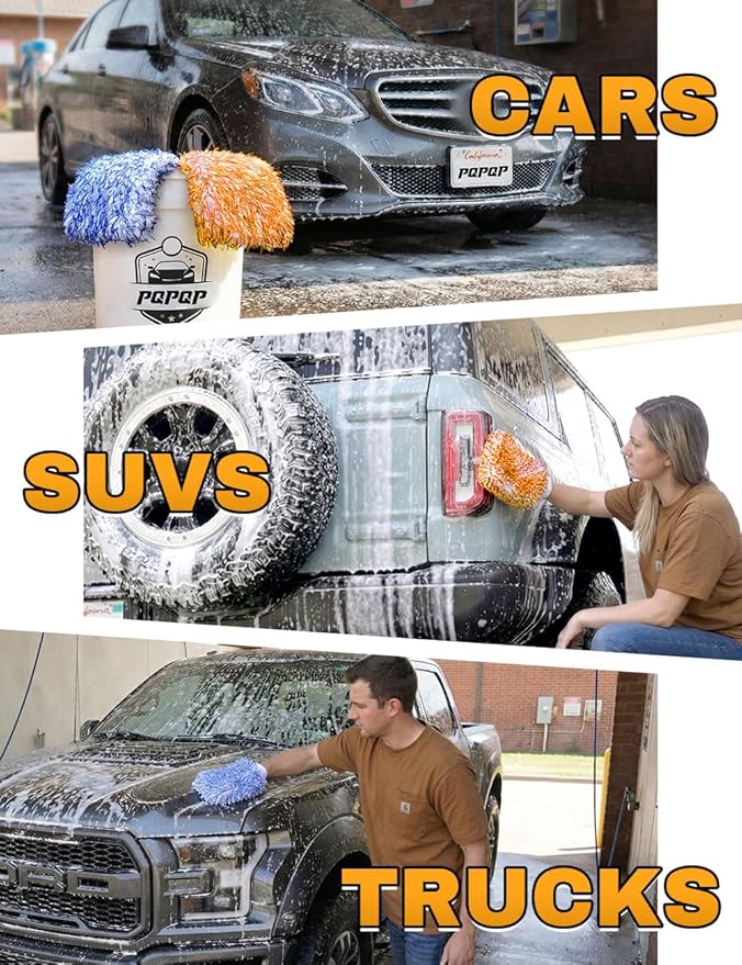 Microfiber Car Wash Mitts, 2Pack Premium Scratch-Free Car Wash Gloves with Thick Elastic Cuff for Auto Detailing, Cars, Trucks, SUVs, Boats (Blue & Orange)