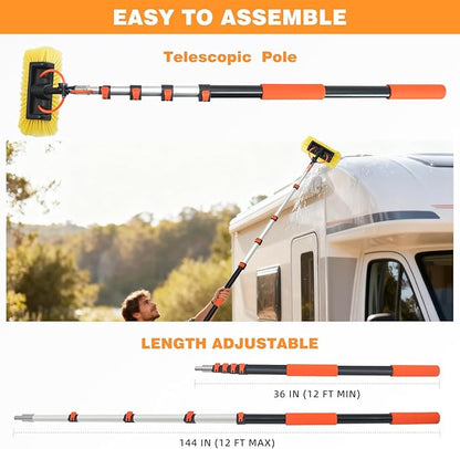 12FT/144inch Car Wash Brush with Long Handle Water Fed Telescopic Pole with Angle Adapter 12" Soft and Hard Bristle Cleaning Tool for Car Truck RV House Floor Window Glass Roof Pool
