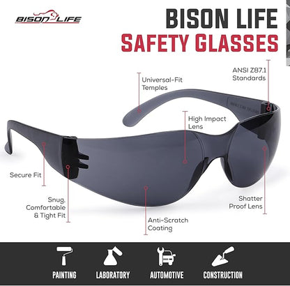 BISON LIFE Safety Glasses - Scratch Resistant Wrap Around Eyewear, Polycarbonate ANSI Z87.1 Impact Resistant Lens