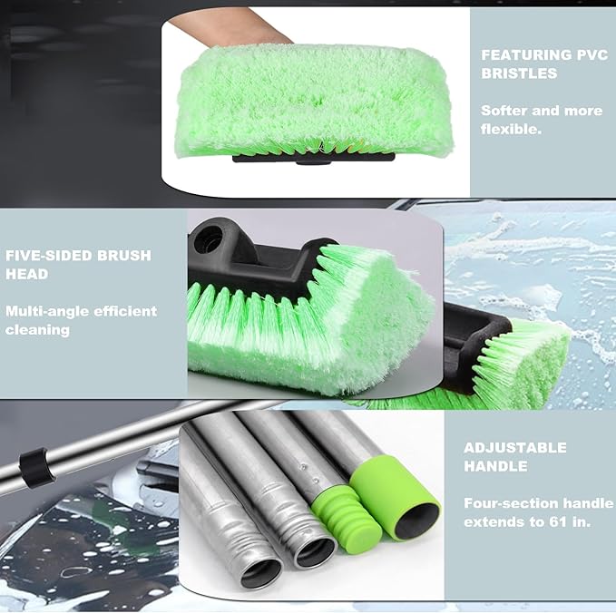 Car Wash Brush with Long Handle – Five-Sided Soft Bristle Brush for Car, Truck, SUV, RV, Boat & House Siding Cleaning(Green)