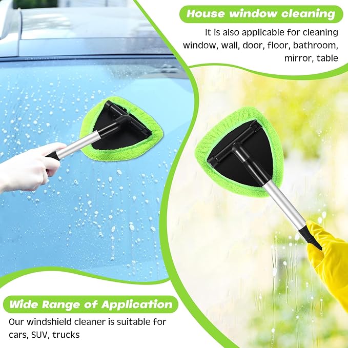 8 Pcs Car Windshield Cleaner Tool Kit with Extendable Handle, Microfiber Towel Pads, Brush, Empty Spray Bottle for Auto Glass Wiper Suvs Rvs & Home Windows (Green)