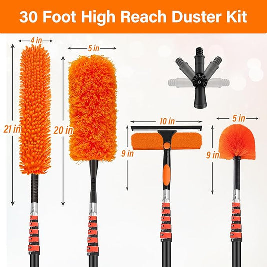 30FT High Reach Duster Cleaning Kit with 24FT Pole | 4-in-1 Tool Set with Universal Swivel Joint | High Ceiling Fan Cleaner, Microfiber Duster, & Window Squeegee for Safe High-Reach Cleaning