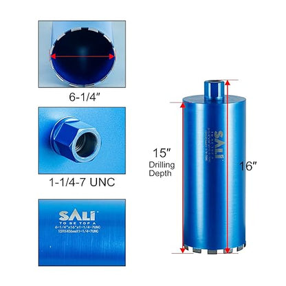 SALI Wet Diamond Core Drill Bits 6-1/4"/159mm Diameter, 15"/380mm Drilling Depth Concrete Core Drill Bit, 1-1/4-7" Thread Core Bit Turbo Laser-Welded Segments with Rebar, Brick, Block, Masonry, Stone