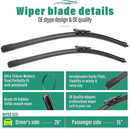 26" 15" 11" Windshield Wiper Blades Replacement for Chevrolet Chevy Sonic 2012 2013 2014 2015 2016 2017 2018 2019 2020 Premium All Weather Front Rear Wipers Set - OEM Quality (Pack of 3)