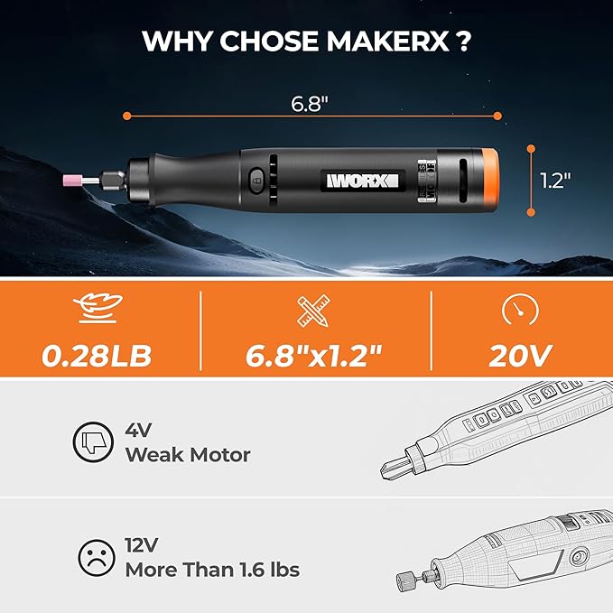 MAKERX Cordless Rotary Tool Kit, 20V Power Rotary Tool for Sanding, Carving, Drilling, Engraving, Polishing, DIY Crafts with 42 Accessories, Brushless Motor, 5000-35000 RPM Variable Speed,Tool Only