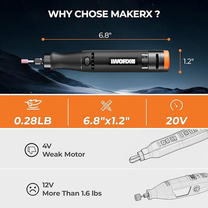 MAKERX Cordless Rotary Tool Kit, 20V Power Rotary Tool for Sanding, Carving, Drilling, Engraving, Polishing, DIY Crafts with 42 Accessories, Brushless Motor, 5000-35000 RPM Variable Speed,Tool Only