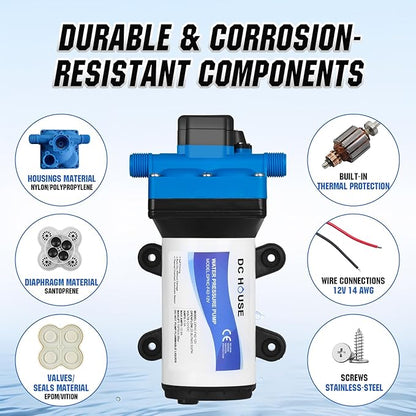 DC HOUSE 4-Chamber RV Water Pump 12V, 5.5GPM 70PSI High Pressure, Quiet Fresh Water Diaphragm Pump with On Demand Pressure Switch for Camper, Travel Trailer & Off-Grid Cabin