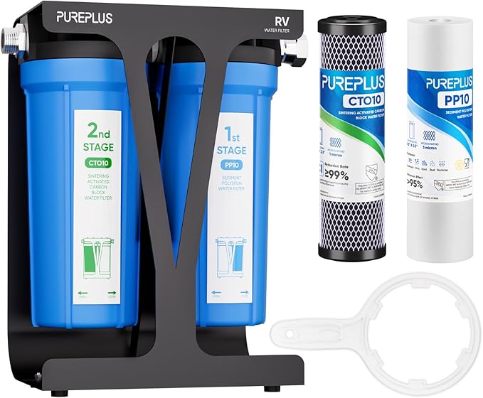 PUREPLUS RV Dual Stage Water Filter System with Two Cartridges and Mounting Bracket, NSF/ANSI 42 Certified, Reduces Sediment, Chlorine, Odors and More, Stainless Steel 3/4" Fittings