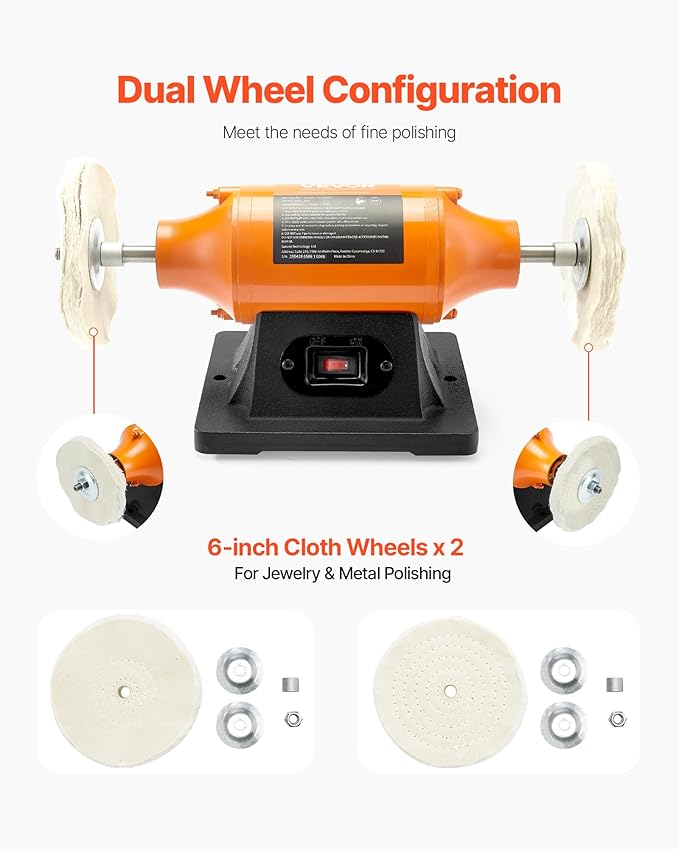VEVOR 1/2HP Bench Buffer Polisher, 6-inch Bench Polishing Buffing Machine, 3450RPM Single Speed Benchtop Polisher with 2PCS Cloth Wheels & Cast Iron Base for Metal, Jewelry, Wood Polishing