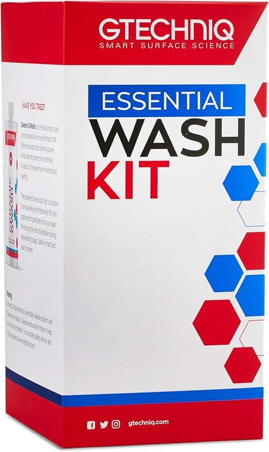 Gtechniq Essential Car Wash Kit, 4-Piece | Includes Car Shampoo, All-Purpose Cleaner, Microfiber Wash Mitt and Microfiber Towel, Cleans Stubborn Dirt and Grime, Gentle on Coatings and Waxes