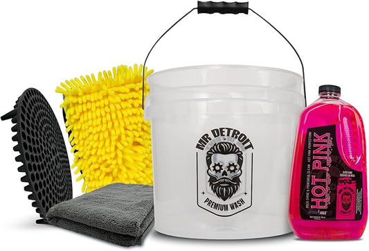 Mr. Detroit - 5pc Car Wash Kit Car Wash Bucket w/Filter, 64oz Car Soap, Chenille Wash Mitt and Drying Towel, Streak-Free Soap Cleaner Scratch-Free Cleaning for Auto Detailing & Home Use