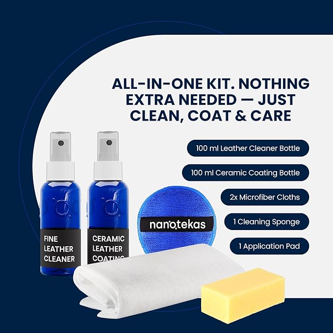 Nanotekas Leather Cleaner & Ceramic Coating Spray Kit: Long-Lasting Leather Protector for Tesla Vegan Leather, Car Seats, Furniture and Shoes – Universal Nano Ceramic Shield to Repel Dirt and Liquids