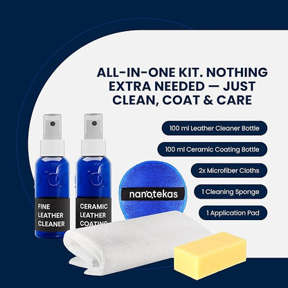 Nanotekas Leather Cleaner & Ceramic Coating Spray Kit: Long-Lasting Leather Protector for Tesla Vegan Leather, Car Seats, Furniture and Shoes – Universal Nano Ceramic Shield to Repel Dirt and Liquids