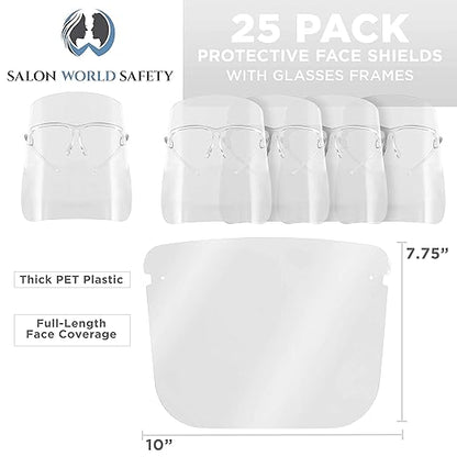 TCP Global Salon World Safety Face Shields with All Clear Glasses Frames (Pack of 25) - Ultra Clear Protective Full Face Shields to Protect Eyes, Nose, Mouth - Anti-Fog PET Plastic, Goggles