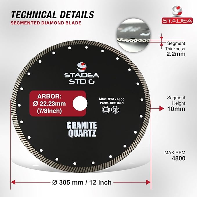Stadea SBD109C Diamond Saw Blade 12-Inch Continuous Turbo Dry Cutting - Cuts Granite Quartz Quartzite, Fits Grinder, Saw Cutter, 10 MM Segments - Pack of 1
