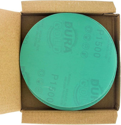 Dura-Gold Premium 5" Green Film Sanding Discs - 1500 Grit (Box of 50) - Hook & Loop Backing Sandpaper Discs for DA Sanders, Finishing Cut Abrasive, Sand Automotive Paint Car Detailing Woodworking Wood