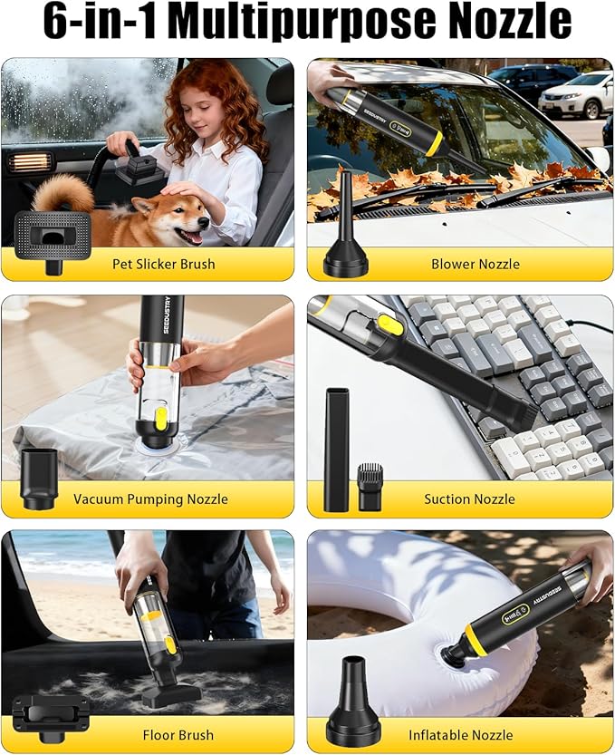 SEEDUSTRY Handheld Vacuum Cleaner Cordless, Mini Small Car Vacuum, Portable Pet Hair Vacuum, 3 Suction Modes-Up to 18000pa, 6 Blow & Suck & Deflate & Inflate Nozzles for Car, Pet, Office, Home
