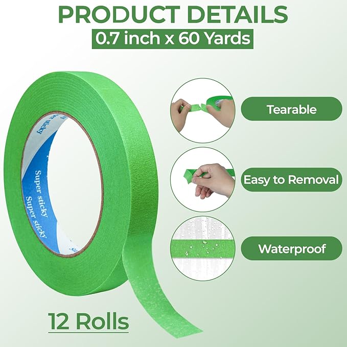 12 Rolls Automatic Refinish Masking Tape,0.7 Inch x 60 Yds Green Cars Vehicles Auto Body Paint Tape No Residue,Heat Resistant Removable Automotive Painting Tape Bulk for Paint Booth,Totally 720 Yards