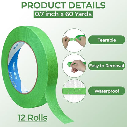 12 Rolls Automatic Refinish Masking Tape,0.7 Inch x 60 Yds Green Cars Vehicles Auto Body Paint Tape No Residue,Heat Resistant Removable Automotive Painting Tape Bulk for Paint Booth,Totally 720 Yards