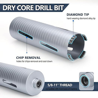 4-1/3 inch Diamond Dry Core Drill Bit, 10" Drilling Depth, 5/8"-11 Thread Core Drill Bit for Concrete Masonry Brick Block, Includes 3 Adapters SDS Plus, SDS Max and Hex (4-1/3 inch)