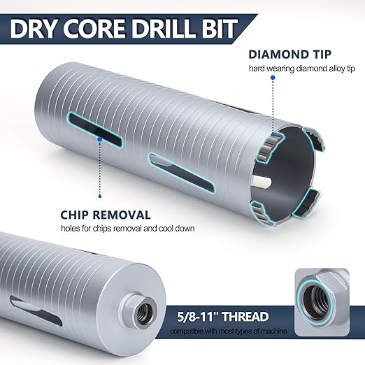 3-1/4 inch Diamond Dry Core Drill Bit, 10" Drilling Depth, 5/8"-11 Thread Core Drill Bit for Concrete Masonry Brick Block, Includes 3 Adapters SDS Plus, SDS Max and Hex (3-1/4 inch)