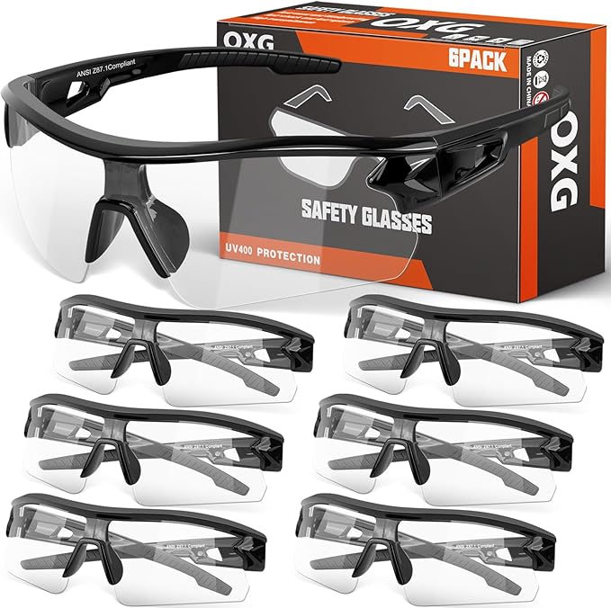 OXG 6 Pack Safety Glasses for Men Women, ANSI Z87.1 Work Glasses Anti Scratch Protective Eyewear with UV400 Protection