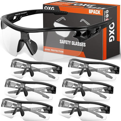 OXG 6 Pack Safety Glasses for Men Women, ANSI Z87.1 Work Glasses Anti Scratch Protective Eyewear with UV400 Protection