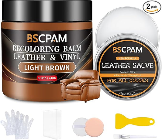 BSCPAM Light Brown Leather Recoloring Balm with 100ml Mink Oil,Leather Couch Scratch Remover,Leather Repair kit for Vinyl Furniture and Car Interior,Leather Dye Paint,Mink Oil for Leather