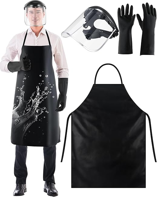 ElectricWise 6 Pack Safety Face Mask Shield with 42.5" waterproof Rubber Apron Latex Gloves for Grinding Heavy Duty Chemical Work