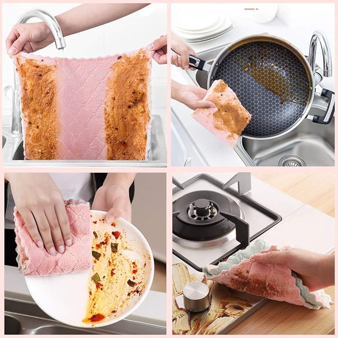 QURIPE 10-Pack Microfiber Cleaning Cloth Dish Towels, Double-Sided Dish Drying Towels，Reusable Household Cleaning Cloths for House Furniture Table Kitchen Dish Window Glasses