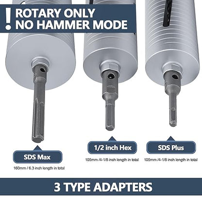 4-1/4 inch Diamond Dry Core Drill Bit, 10" Drilling Depth, 5/8"-11 Thread Core Drill Bit for Concrete Masonry Brick Block, Includes 3 Adapters SDS Plus, SDS Max and Hex (4-1/4 inch)