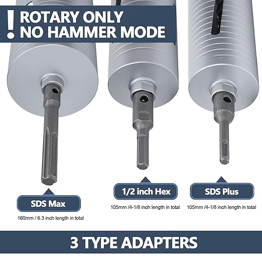 4-1/8 inch Diamond Dry Core Drill Bit, 10" Drilling Depth, 5/8"-11 Thread Core Drill Bit for Concrete Masonry Brick Block, Includes 3 Adapters SDS Plus, SDS Max and Hex (4-1/8 inch)