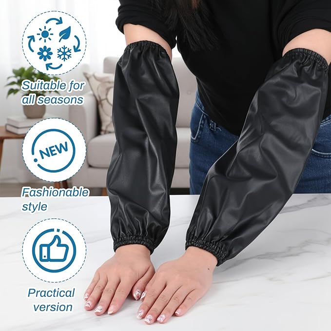 PEOVLVN 2 Pairs Protective Arm Sleeves, PU Waterproof Sleeves to Cover Arms for Men Women Arm Sleeve with Elastic Cuffs Oilproof for Cooking Cleaning Painting Housework (Black)