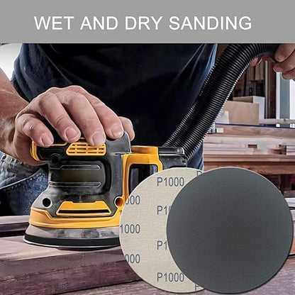 6 Inch 50 Pcs Wet Dry Sanding Discs Hook and Loop, 1000 1500 2000 3000 5000 Assorted Grit Waterproof Sandpaper Silicon Carbide for Random Orbital Sander, Automotive Wood Metal Polishing & Sanding