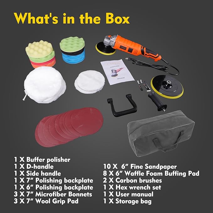 35pcs Buffer Polisher Kit, 1600W Rotary Polisher With 6Inch/7 Inch Pads , 7-Speed 1000-3500 RPM, Detachable Handle For Car, Boat Sanding, Polishing, Waxing