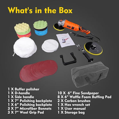 35pcs Buffer Polisher Kit, 1600W Rotary Polisher With 6Inch/7 Inch Pads , 7-Speed 1000-3500 RPM, Detachable Handle For Car, Boat Sanding, Polishing, Waxing