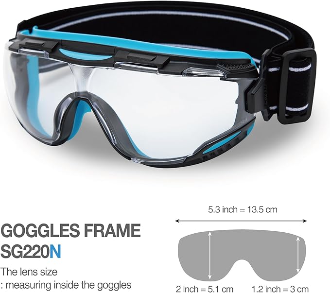 DEX FIT Protective Safety Goggles SG220N; 3x Anti Fog & Scratch, Z87 Eye Protection for Lab, Science, and Chemistry Work, Adjustable for Women and Men, (Black & Blue Frame, Clear Lens, 30cm Strap)