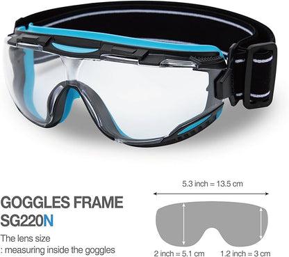 DEX FIT Protective Safety Goggles SG220N; 3x Anti Fog & Scratch, Z87 Eye Protection for Lab, Science, and Chemistry Work, Adjustable for Women and Men, (Black & Blue Frame, Clear Lens, 30cm Strap)
