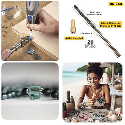 Drilax 20-Pc 2.5mm Diamond Drill Bit Set | Dremel Compatible with 1 Collet | for Glass, Sea Glass, Gems & Jewelry