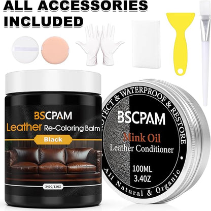 BSCPAM 12oz Leather Recoloring Balm & 3.4oz Mink Oil Leather Conditioner kit,Black Leather Color Repair Kits for Couches, Leather Couch Paint Scratch Repair for Furniture Car Sofa Shoes Leather Dye