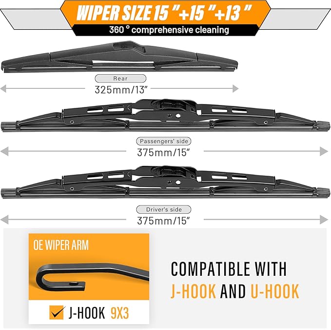 AUTOBOO 15 +15+13 Windshield Wiper Blades Replacement for Jeep Wrangler 2007-2017 -Original Factory Quality (Pack of 3)