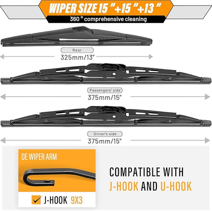 AUTOBOO 15 +15+13 Windshield Wiper Blades Replacement for Jeep Wrangler 2007-2017 -Original Factory Quality (Pack of 3)