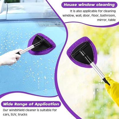 Baderke 10 Pcs Windshield Cleaner Tool Car Window Cleaning Supplies with Extendable Handle Include 6 Washable Microfiber Bonnets 2 Empty 60ml Spray Bottle Glass Wiper Kit(Purple)
