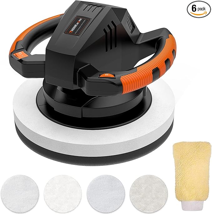 THINKWORK Buffer Polisher,10 Inch Car Polisher Sets with 4 Buffing and Polishing Bonnets,6 Variable Speed 1500-3600 RPM,Double Handle, Ideal for Car Waxing