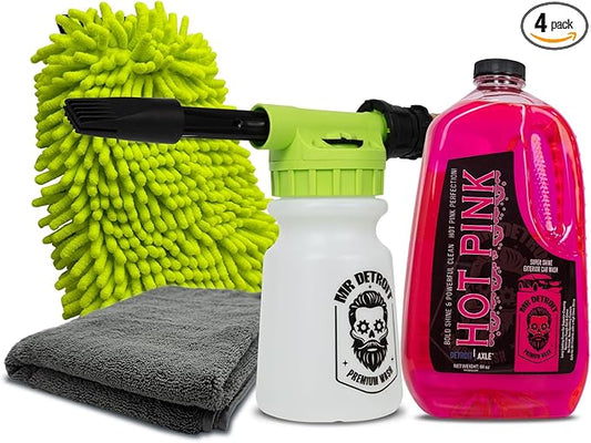Mr. Detroit - 4pc Car Wash Kit with Foam Blaster, 64oz Car Wash Soap, Double Noodle Wash Mitt, Drying Towel, Scratch-free Wash Gun Foam Cannon Streak-Free Exterior Cleaner for Auto Cleaning & Home Use