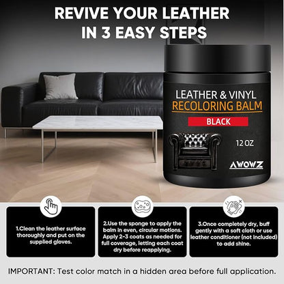 AWOWZ Leather Recoloring Balm - Scratch Repair & Color Restore Kit for Faded Leather, Leather Couch & Car Seats - 12OZ Leather Restorer Balm for Furniture, Auto Interior, Vinyl, Accessories (Black)